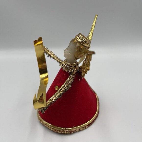Vintage Koestel Wax Angel Figure in Red Velvet w/ Gold Wings Holding Banner 3.5" - Picture 2 of 9